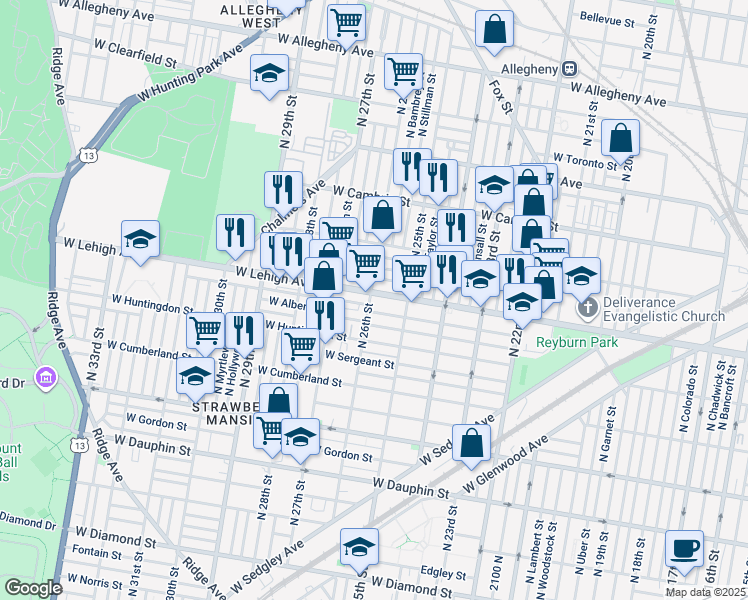 map of restaurants, bars, coffee shops, grocery stores, and more near 2546 West Lehigh Avenue in Philadelphia