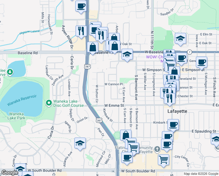 map of restaurants, bars, coffee shops, grocery stores, and more near 420 South Dover Avenue in Lafayette