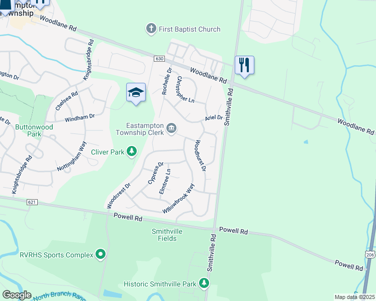 map of restaurants, bars, coffee shops, grocery stores, and more near 21 Woodhurst Drive in Mount Holly