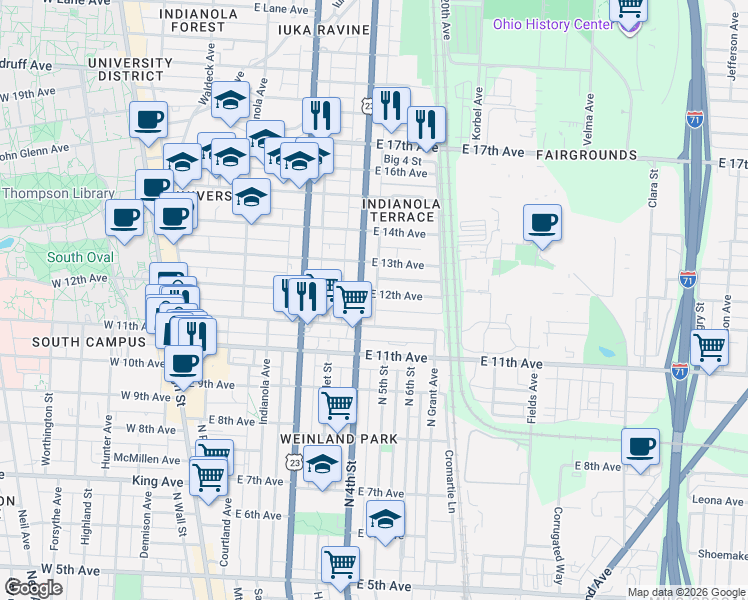 map of restaurants, bars, coffee shops, grocery stores, and more near 335 East 12th Avenue in Columbus