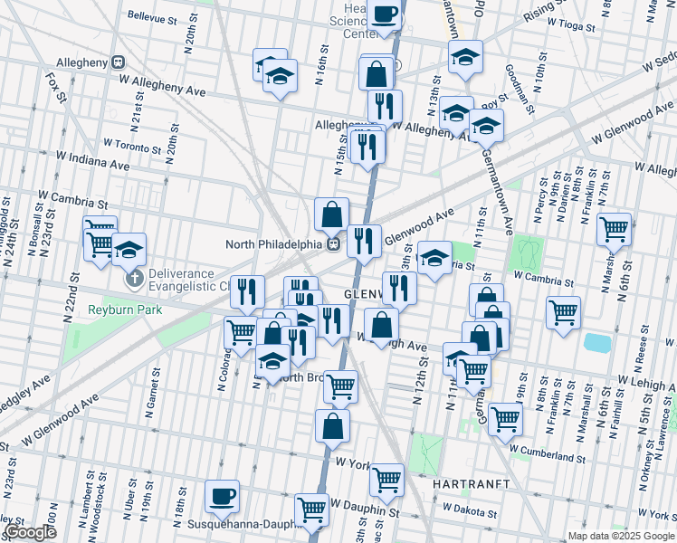 map of restaurants, bars, coffee shops, grocery stores, and more near 1429 West Rush Street in Philadelphia