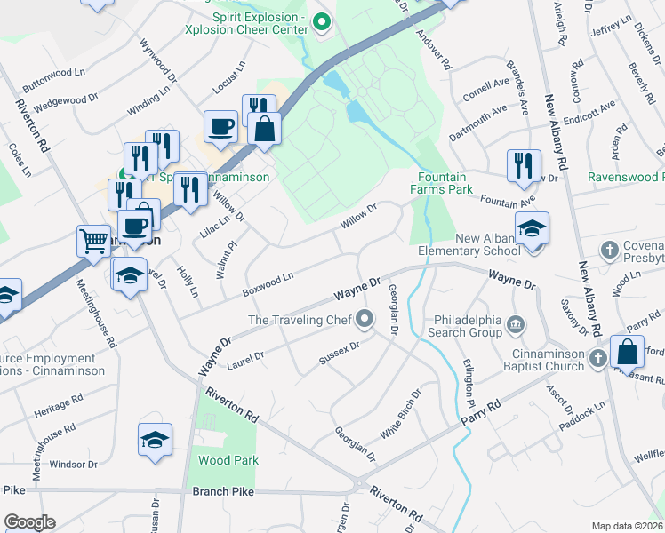 map of restaurants, bars, coffee shops, grocery stores, and more near 390 Boxwood Lane in Cinnaminson