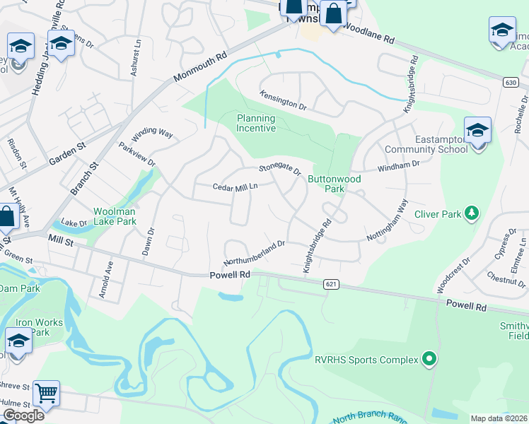 map of restaurants, bars, coffee shops, grocery stores, and more near 11 Cambridge Court in Mount Holly