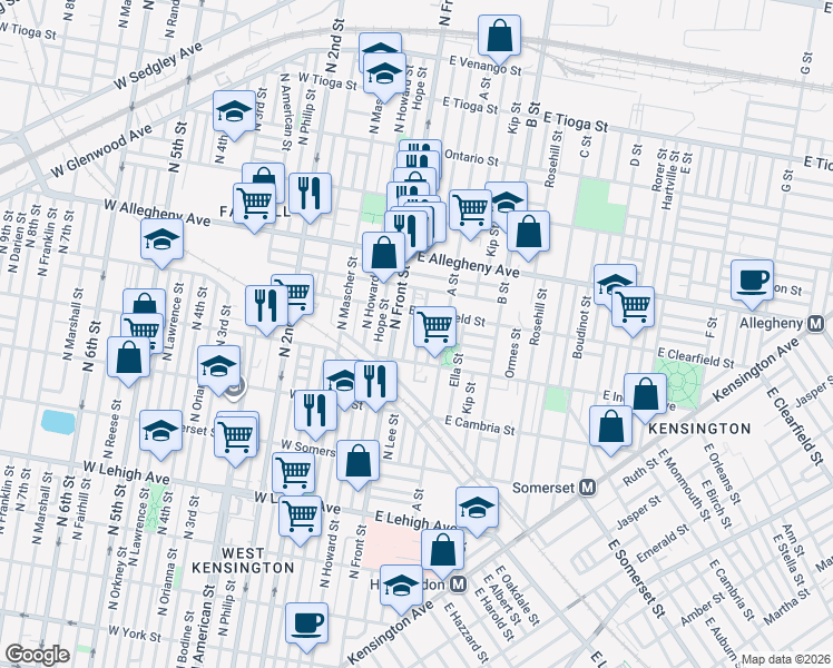 map of restaurants, bars, coffee shops, grocery stores, and more near 3028 North Water Street in Philadelphia