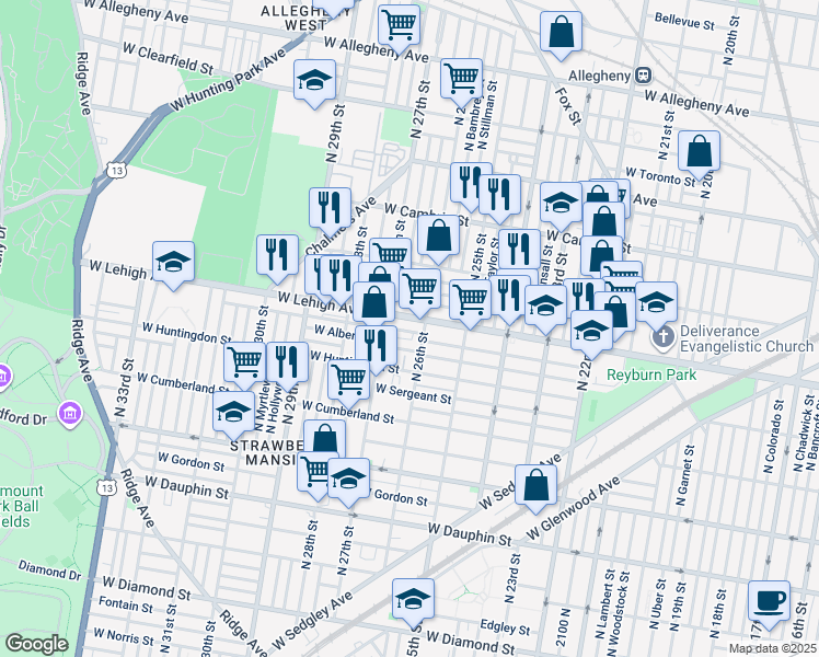 map of restaurants, bars, coffee shops, grocery stores, and more near 2619 West Oakdale Street in Philadelphia