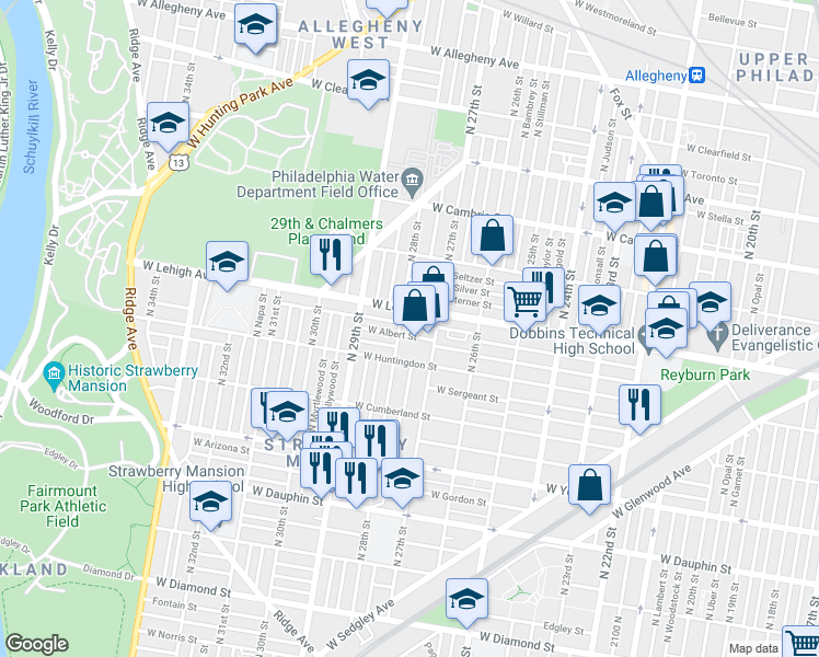 map of restaurants, bars, coffee shops, grocery stores, and more near 2643 North 28th Street in Philadelphia