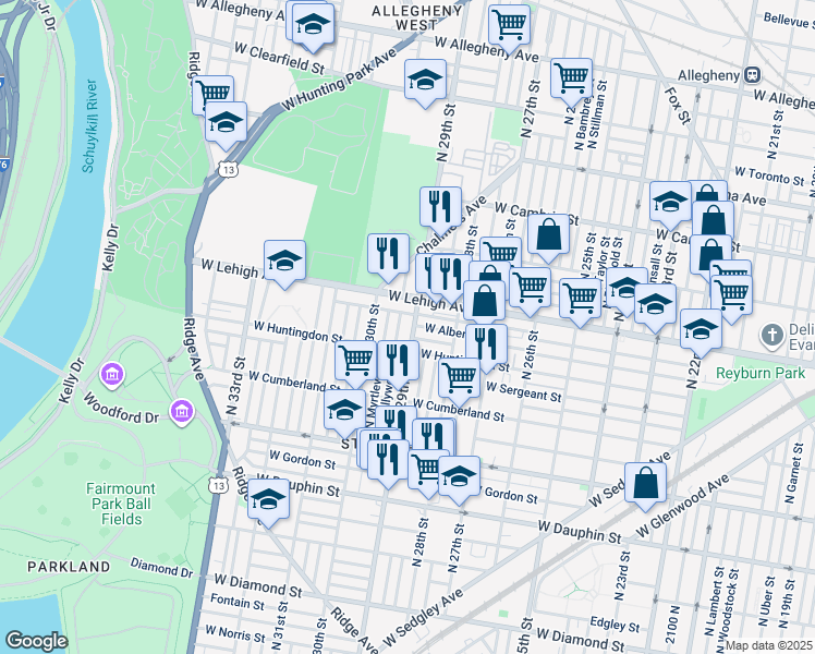 map of restaurants, bars, coffee shops, grocery stores, and more near 2630 North 29th Street in Philadelphia