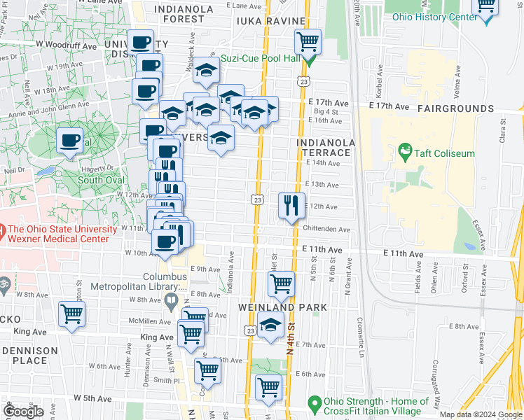 map of restaurants, bars, coffee shops, grocery stores, and more near in Columbus
