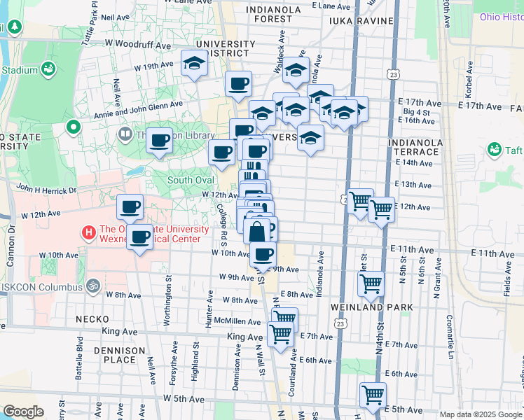 map of restaurants, bars, coffee shops, grocery stores, and more near in Columbus