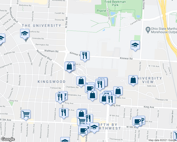 map of restaurants, bars, coffee shops, grocery stores, and more near 1447 Presidential Drive in Columbus