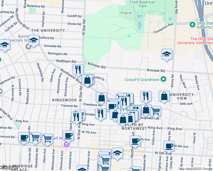 map of restaurants, bars, coffee shops, grocery stores, and more near 1447 Presidential Drive in Columbus
