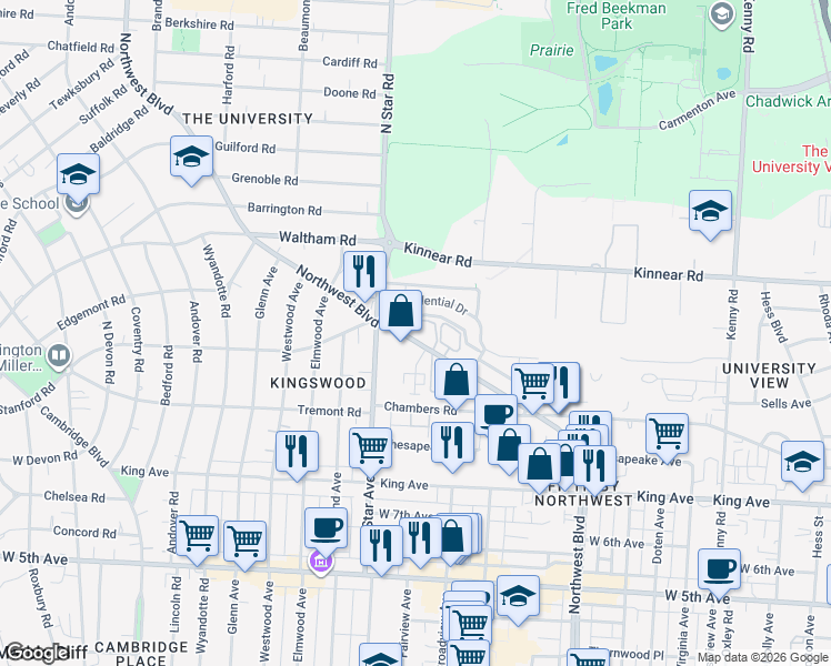 map of restaurants, bars, coffee shops, grocery stores, and more near 1855 Northwest Boulevard in Columbus