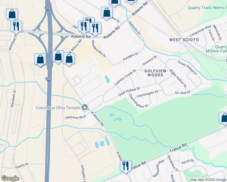 map of restaurants, bars, coffee shops, grocery stores, and more near 3852 Quail Hollow Drive in Columbus