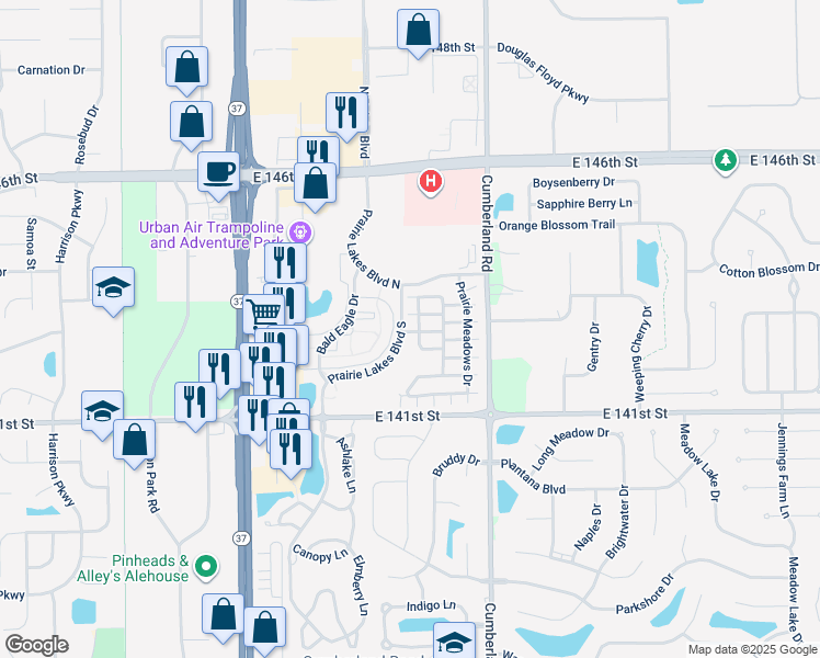 map of restaurants, bars, coffee shops, grocery stores, and more near 14273 Raven Way in Noblesville