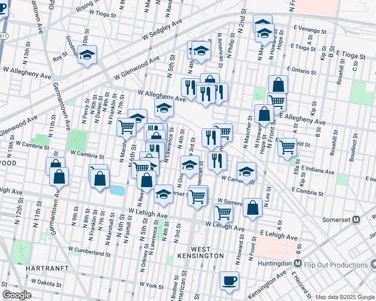 map of restaurants, bars, coffee shops, grocery stores, and more near 308 West Indiana Avenue in Philadelphia
