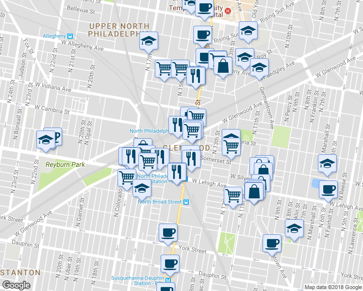 map of restaurants, bars, coffee shops, grocery stores, and more near 1421 West Rush Street in Philadelphia