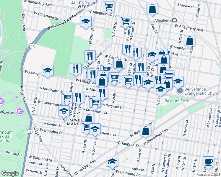 map of restaurants, bars, coffee shops, grocery stores, and more near 2623 West Oakdale Street in Philadelphia