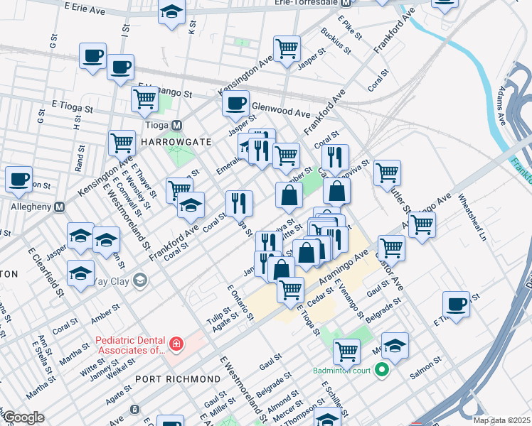 map of restaurants, bars, coffee shops, grocery stores, and more near 3675 Amber Street in Philadelphia