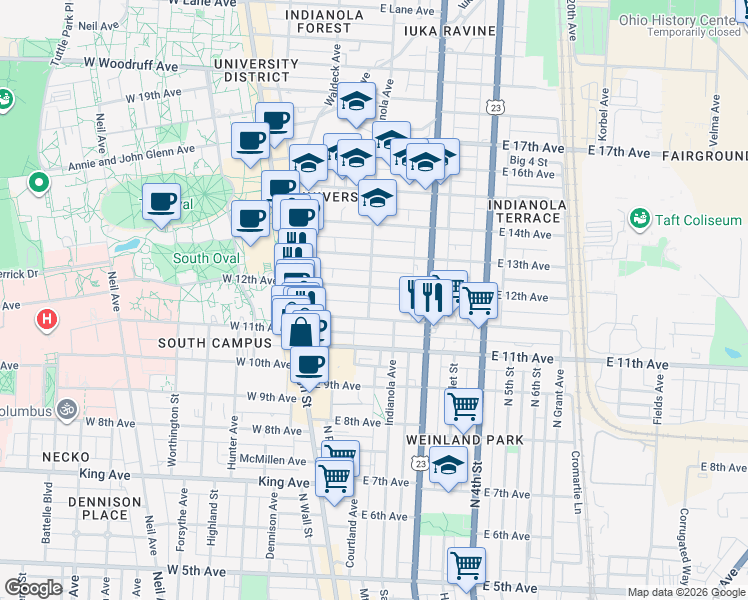 map of restaurants, bars, coffee shops, grocery stores, and more near 1628 Indianola Avenue in Columbus