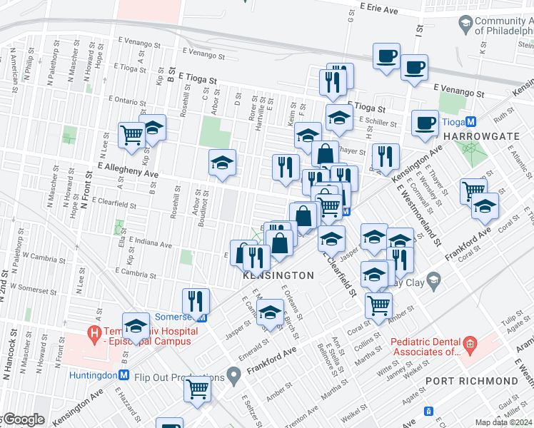 map of restaurants, bars, coffee shops, grocery stores, and more near 630 East Lippincott Street in Philadelphia