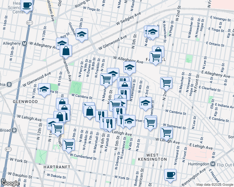 map of restaurants, bars, coffee shops, grocery stores, and more near 2943 North Fairhill Street in Philadelphia