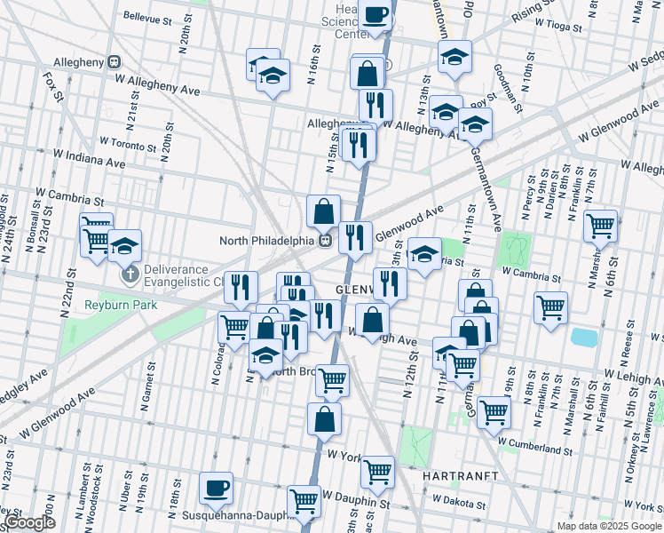 map of restaurants, bars, coffee shops, grocery stores, and more near 1421 West Rush Street in Philadelphia
