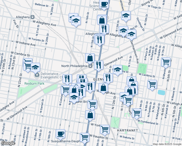 map of restaurants, bars, coffee shops, grocery stores, and more near 1429 West Rush Street in Philadelphia
