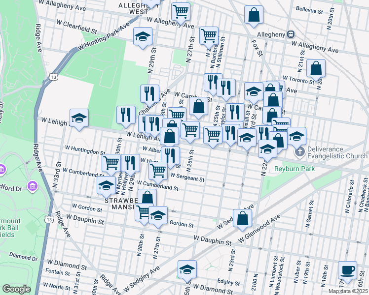 map of restaurants, bars, coffee shops, grocery stores, and more near 2623 West Oakdale Street in Philadelphia