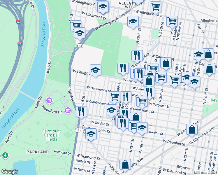 map of restaurants, bars, coffee shops, grocery stores, and more near 2615 North 31st Street in Philadelphia