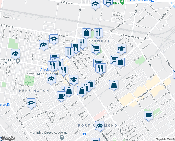 map of restaurants, bars, coffee shops, grocery stores, and more near 3333 Emerald Street in Philadelphia