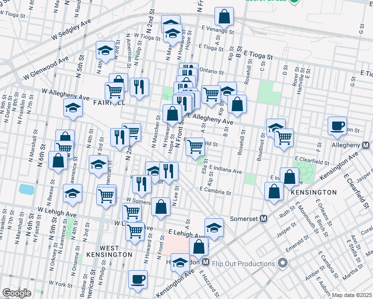 map of restaurants, bars, coffee shops, grocery stores, and more near 3028 North Water Street in Philadelphia