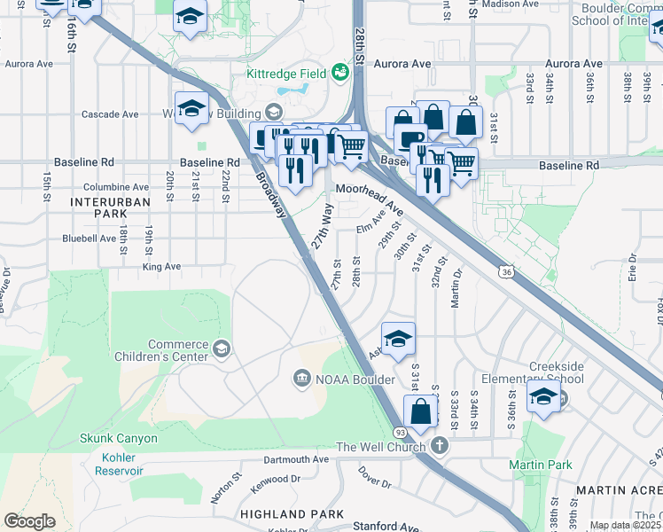 map of restaurants, bars, coffee shops, grocery stores, and more near 325 27th Street in Boulder