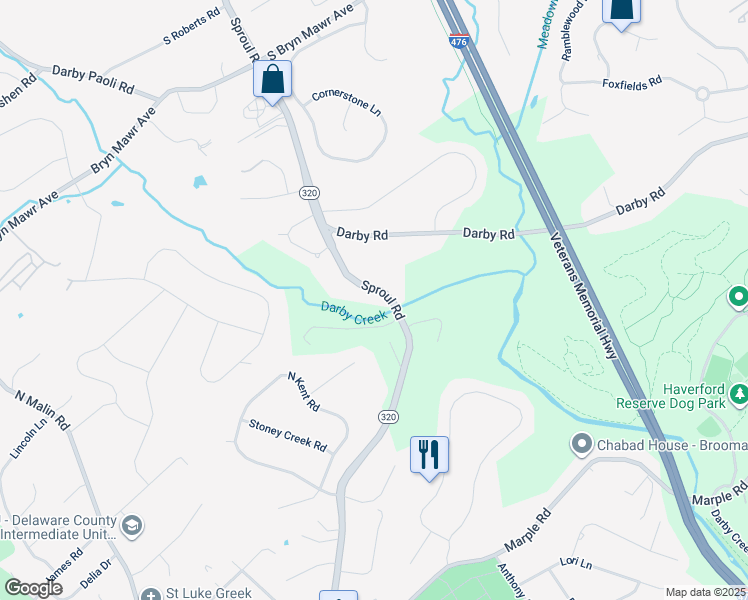 map of restaurants, bars, coffee shops, grocery stores, and more near 1048 Sproul Road in Bryn Mawr