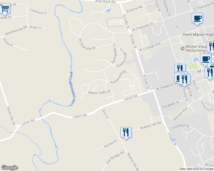 map of restaurants, bars, coffee shops, grocery stores, and more near 19 Burr Oak Drive in Millersville