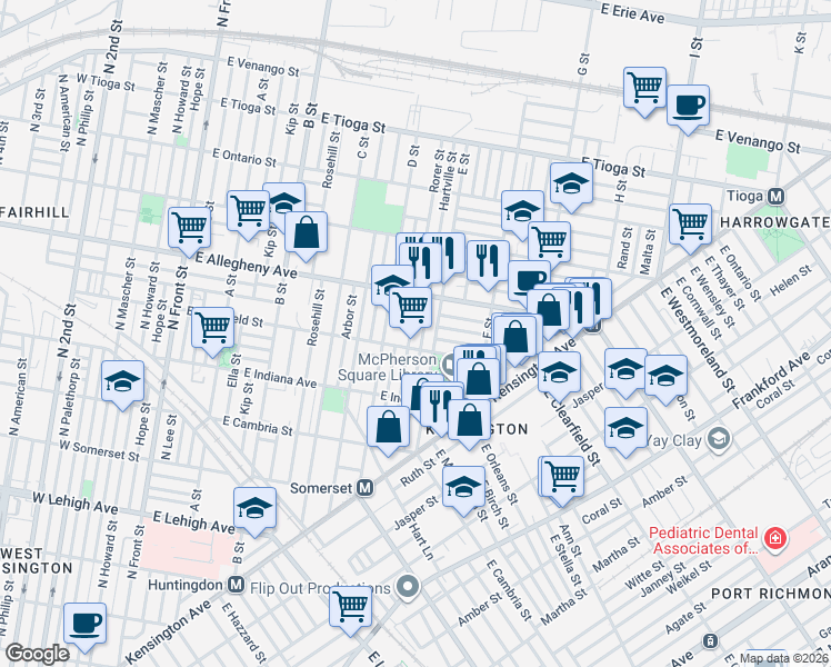 map of restaurants, bars, coffee shops, grocery stores, and more near 3111 Hartville Street in Philadelphia
