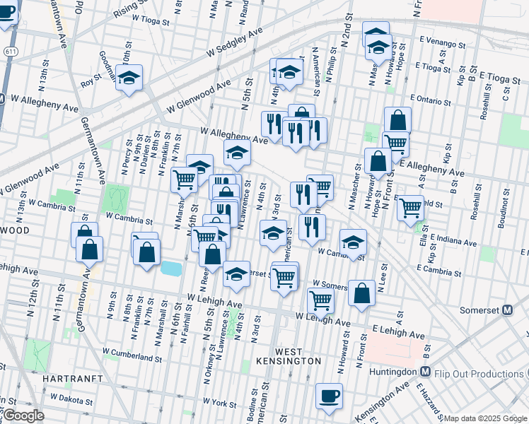 map of restaurants, bars, coffee shops, grocery stores, and more near 322 West Indiana Avenue in Philadelphia