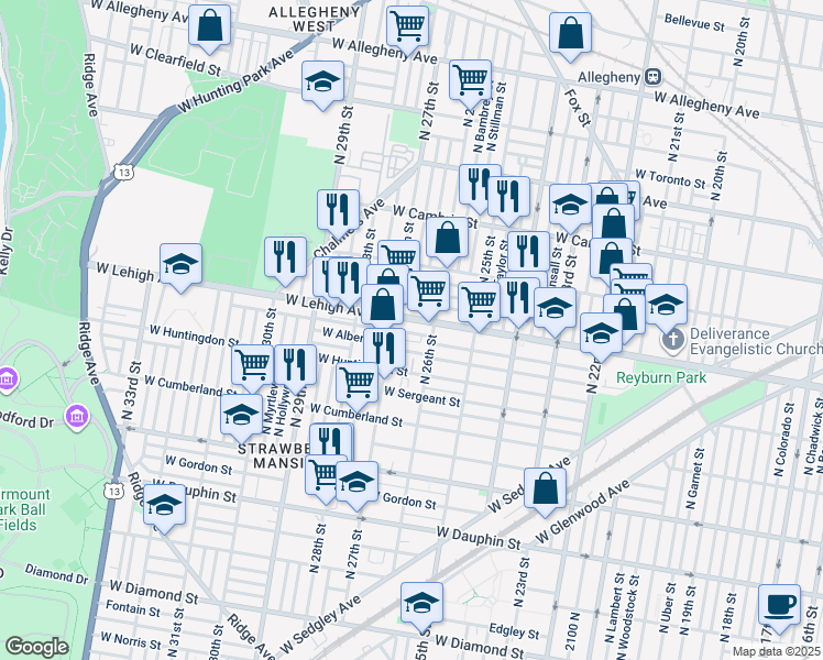 map of restaurants, bars, coffee shops, grocery stores, and more near 2629 West Oakdale Street in Philadelphia