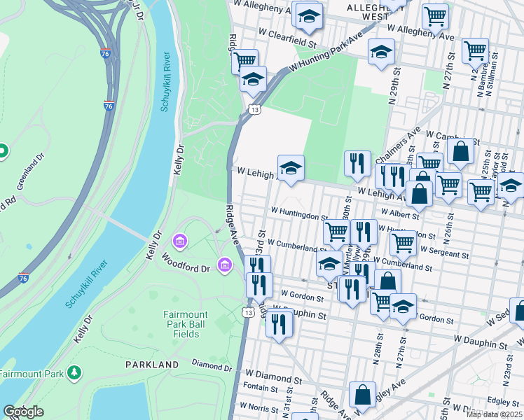 map of restaurants, bars, coffee shops, grocery stores, and more near 2558 North 33rd Street in Philadelphia