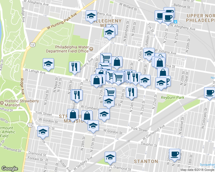 map of restaurants, bars, coffee shops, grocery stores, and more near 2629 West Oakdale Street in Philadelphia