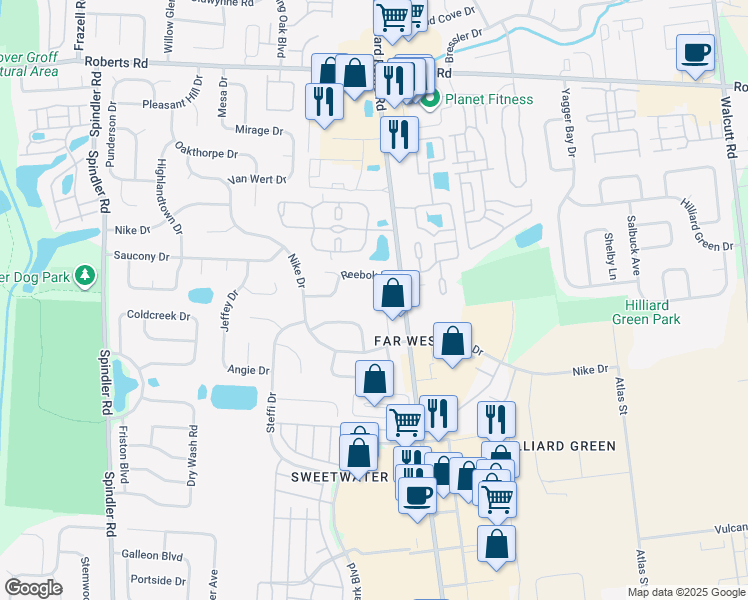 map of restaurants, bars, coffee shops, grocery stores, and more near 2347 Hilliard Rome Road in Hilliard