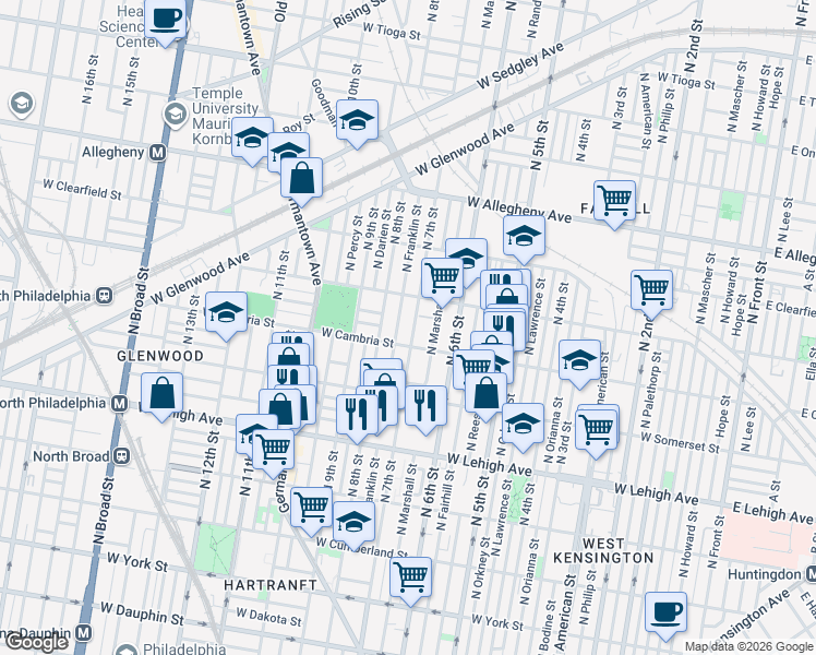map of restaurants, bars, coffee shops, grocery stores, and more near 2906 North Franklin Street in Philadelphia
