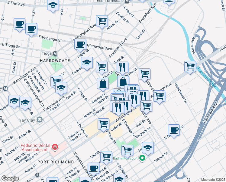 map of restaurants, bars, coffee shops, grocery stores, and more near 2210 East Pacific Street in Philadelphia