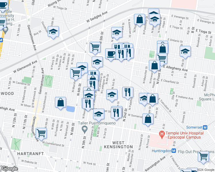 map of restaurants, bars, coffee shops, grocery stores, and more near 326 West Indiana Avenue in Philadelphia