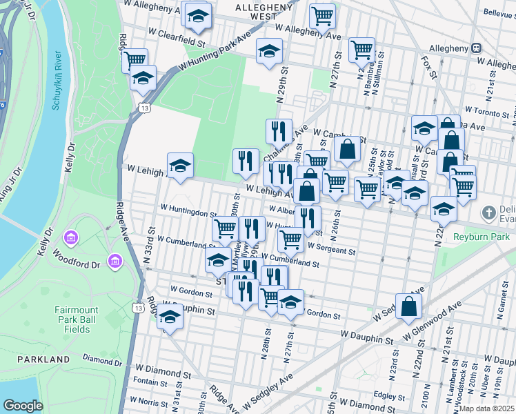 map of restaurants, bars, coffee shops, grocery stores, and more near 2632 North 29th Street in Philadelphia