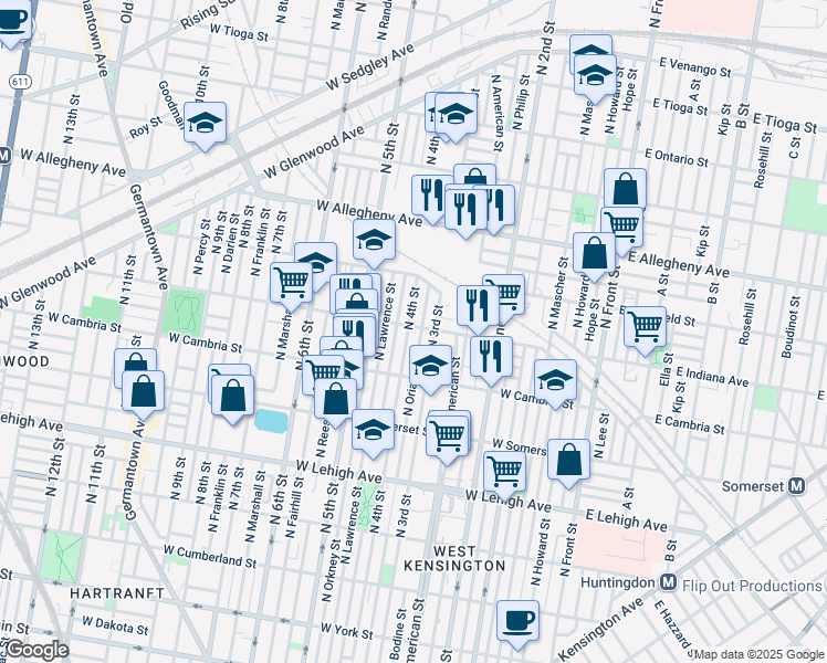 map of restaurants, bars, coffee shops, grocery stores, and more near 326 West Indiana Avenue in Philadelphia
