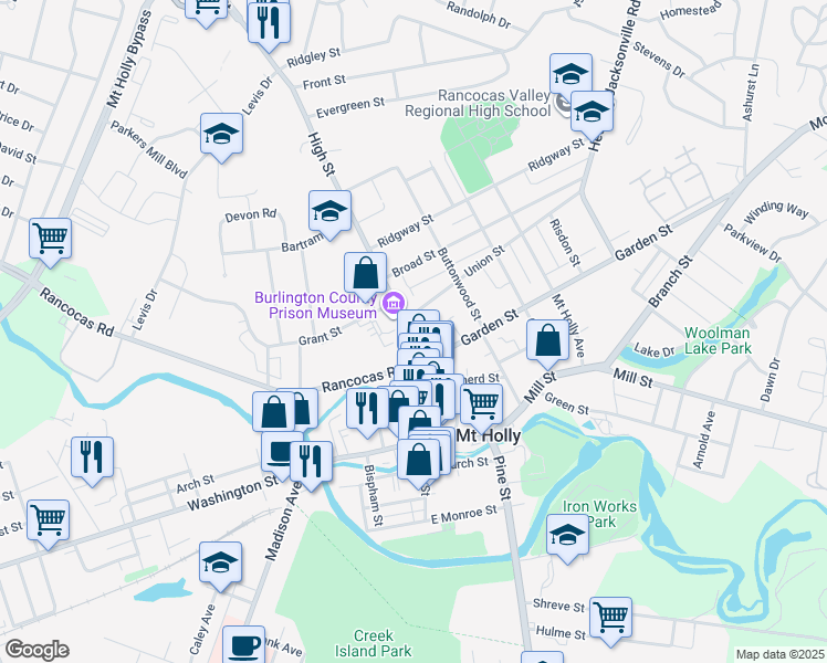 map of restaurants, bars, coffee shops, grocery stores, and more near 120 High Street in Mount Holly