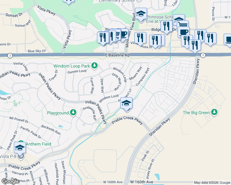 map of restaurants, bars, coffee shops, grocery stores, and more near 2621 Gray Wolf Loop in Broomfield