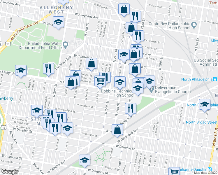 map of restaurants, bars, coffee shops, grocery stores, and more near 2401 West Lehigh Avenue in Philadelphia