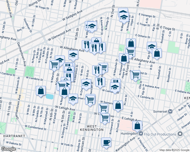 map of restaurants, bars, coffee shops, grocery stores, and more near 235 West Indiana Avenue in Philadelphia