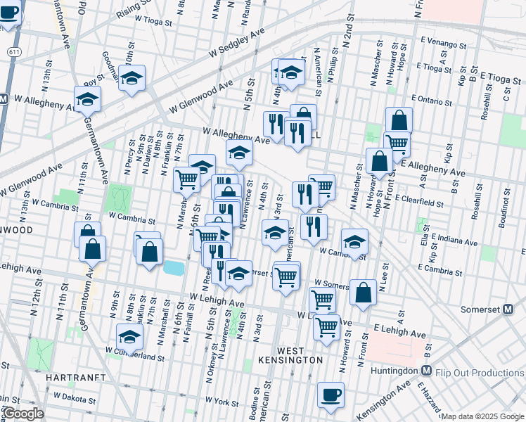 map of restaurants, bars, coffee shops, grocery stores, and more near 330 West Indiana Avenue in Philadelphia
